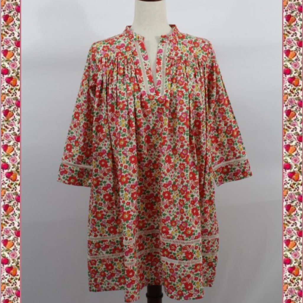 Popies Bordeaux Liberty Fabric Cotton Floral Island Dress. Lace Accents